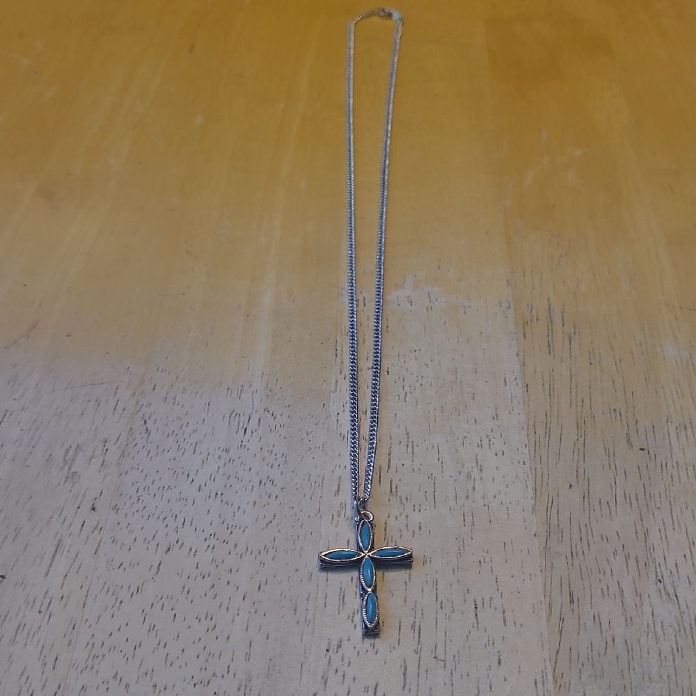 Petite Size Silver Cross Necklace with Blue Accents
